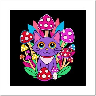 Purple trippy cat and mushrooms Posters and Art